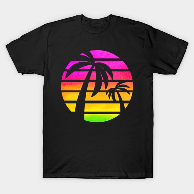 Palm Trees: Retro Vintage Sunset, Pink Rainbow, Watercolors, Neon Colors T-Shirt by ThePinkPrincessShop